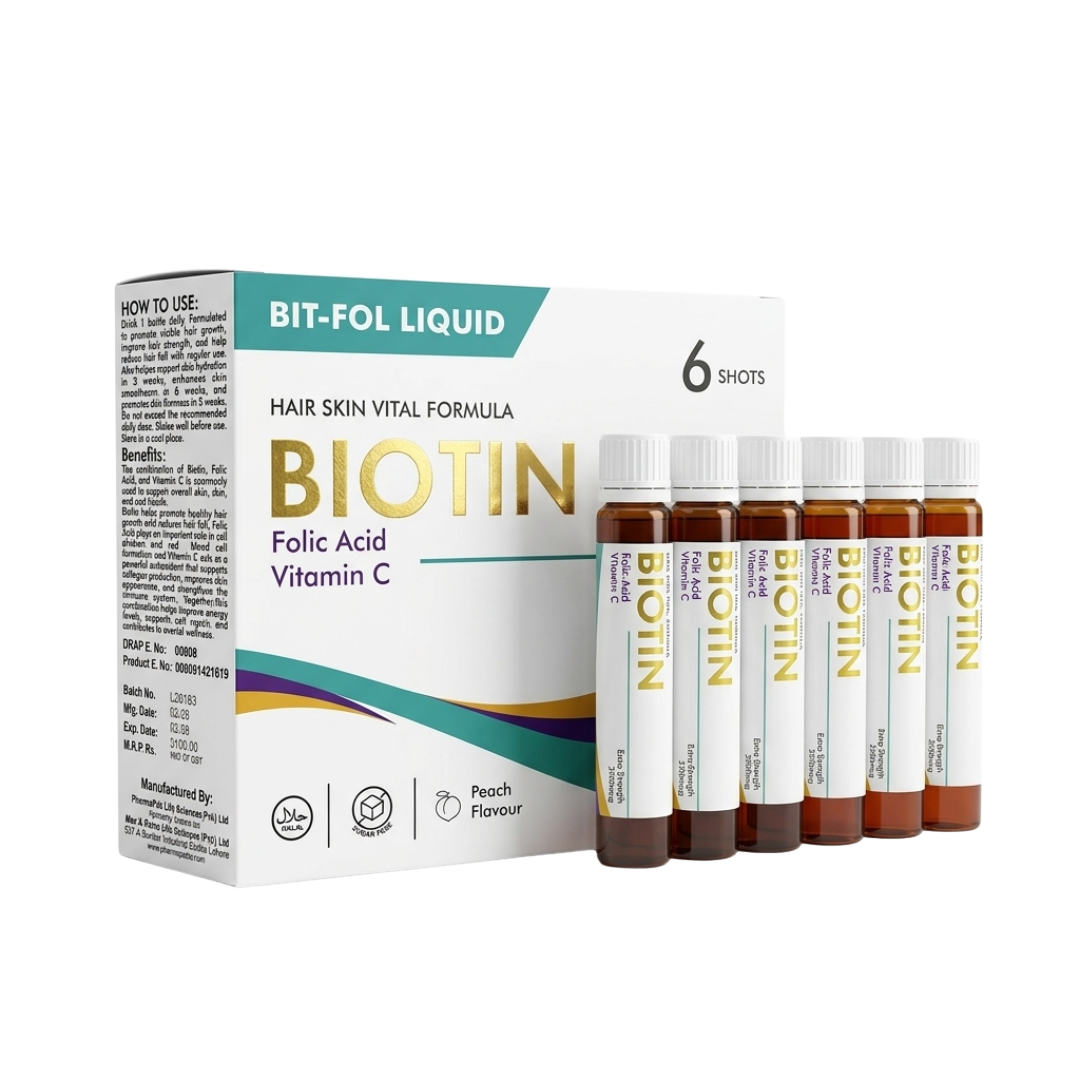 BIT-FOL LIQUID BIOTIN: Hair, Skin, and Vitality Formula (Extra Strength 2500mcg, 6-Pack Shots)